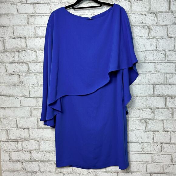 Trina Turk Dress Adore Cape Overlay Stretch Knee Length Blue XS - Picture 2 of 8
